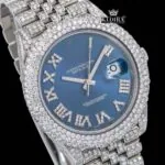 Roman Numerals Blue Dial Diamond Link Strap Fully Iced Out Moissanite Watch Close Up Dial View