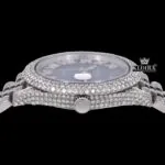 Roman Numerals Blue Dial Diamond Link Strap Fully Iced Out Moissanite Watch Crown View
