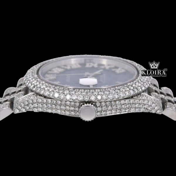 Roman Numerals Blue Dial Diamond Link Strap Fully Iced Out Moissanite Watch Crown View