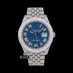 Roles Moissanite Watch with Roman Numerals Blue Dial and Diamond Link Strap