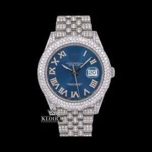 Roles Moissanite Watch with Roman Numerals Blue Dial and Diamond Link Strap