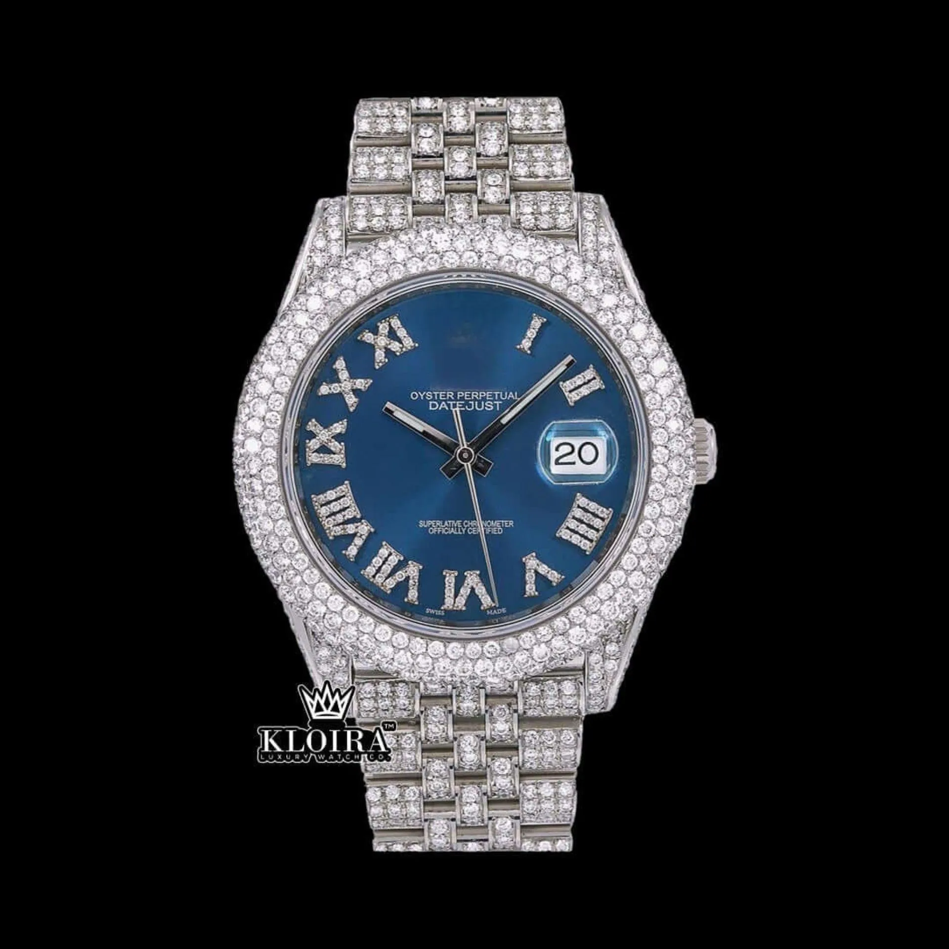 Roles Moissanite Watch with Roman Numerals Blue Dial and Diamond Link Strap