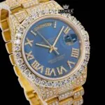 Roman Numerals Blue Dial Yellow Gold Iced Out Moissanite Watch Close Up Dial View