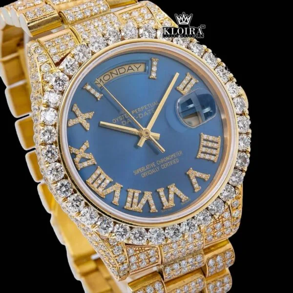 Roman Numerals Blue Dial Yellow Gold Iced Out Moissanite Watch Close Up Dial View