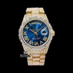 Roles Roman Numerals Blue Dial Yellow Gold Iced Out Moissanite Watch with sparkling details