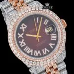 Roman Numerals Brown Dial Two Tone Iced Out Moissanite Watch Close Up Dial View
