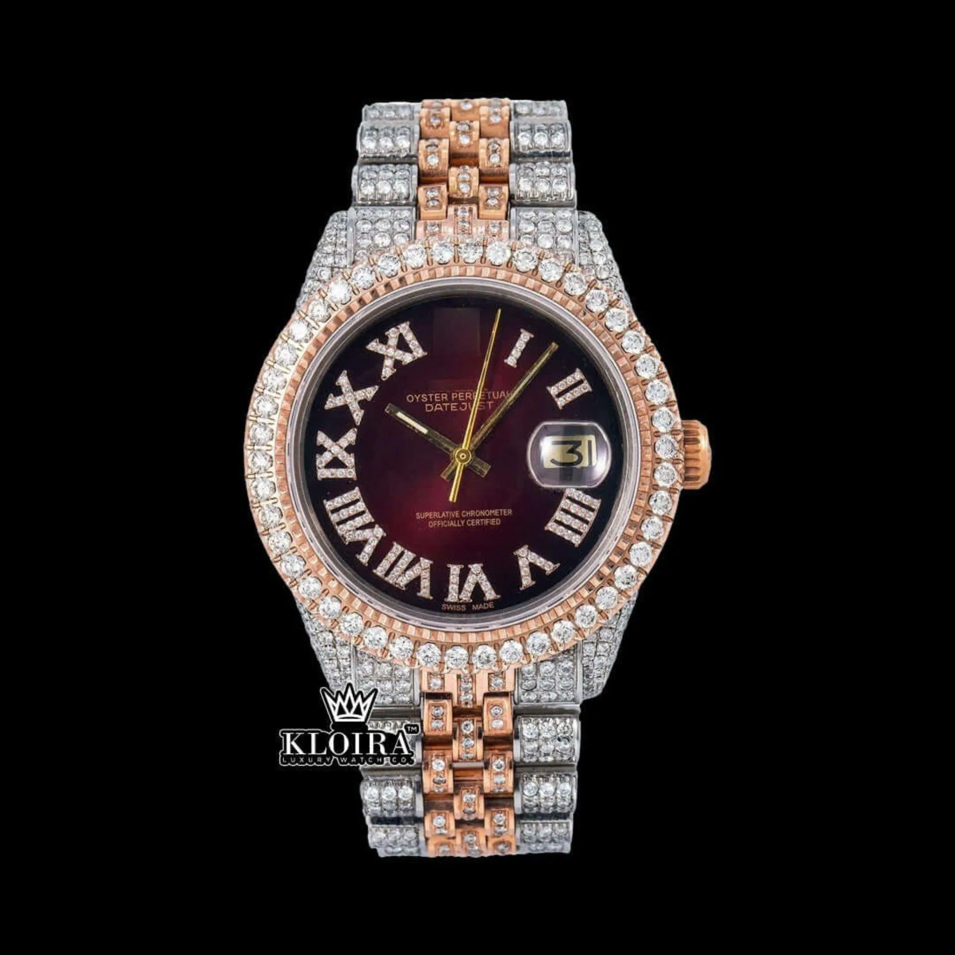 Roles Roman Numerals Brown Dial Two Tone Iced Out Moissanite Watch with sparkling details