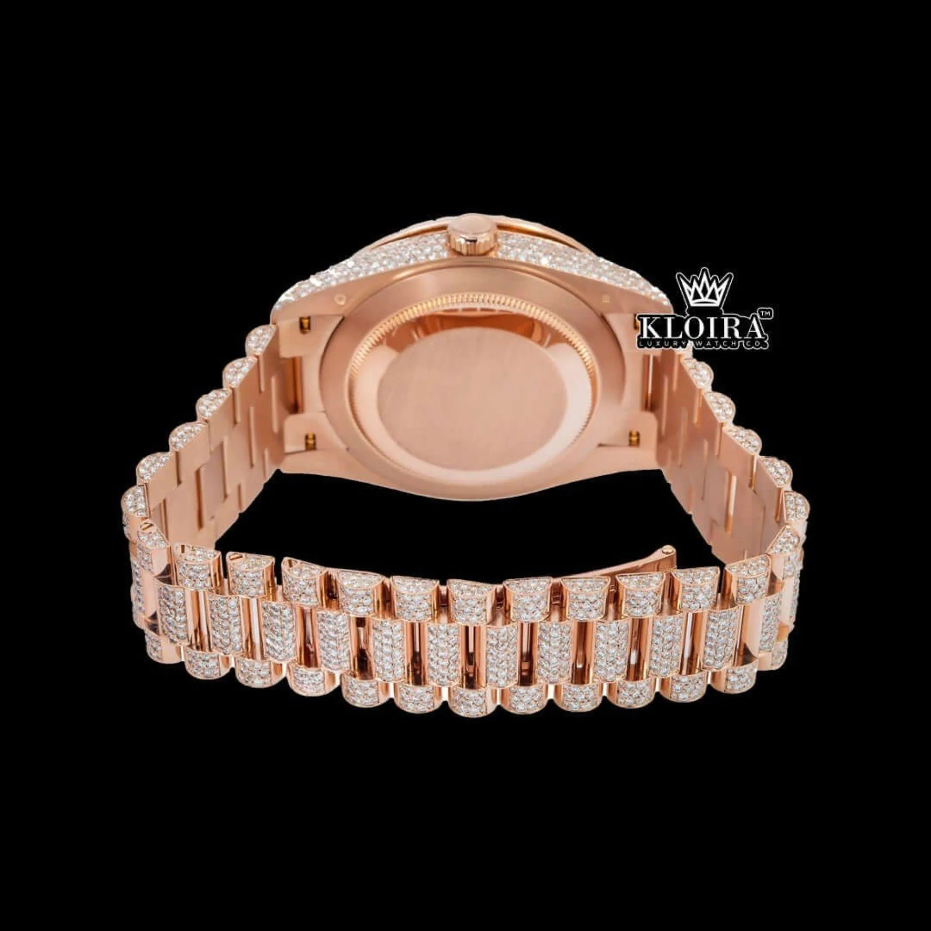 Roman Numerals Dial Day Date Display Rose Gold Iced Out Moissanite Watch Caseback View