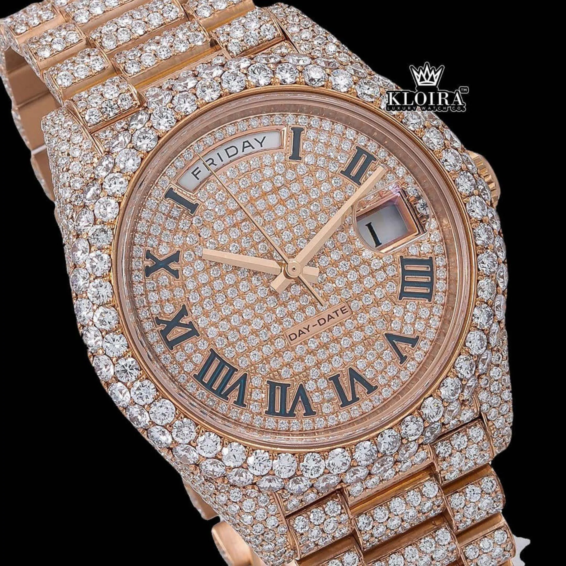 Roman Numerals Dial Day Date Display Rose Gold Iced Out Moissanite Watch Close Up Dial View~