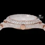 Roman Numerals Dial Day Date Display Rose Gold Iced Out Moissanite Watch Crown View