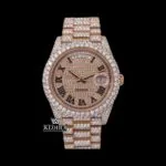 Roles Roman Numerals Dial Day Date Display Rose Gold Iced Out Moissanite Watch showcasing its elegant design and brilliance.