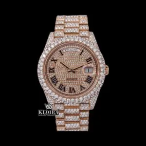Roles Roman Numerals Dial Day Date Display Rose Gold Iced Out Moissanite Watch