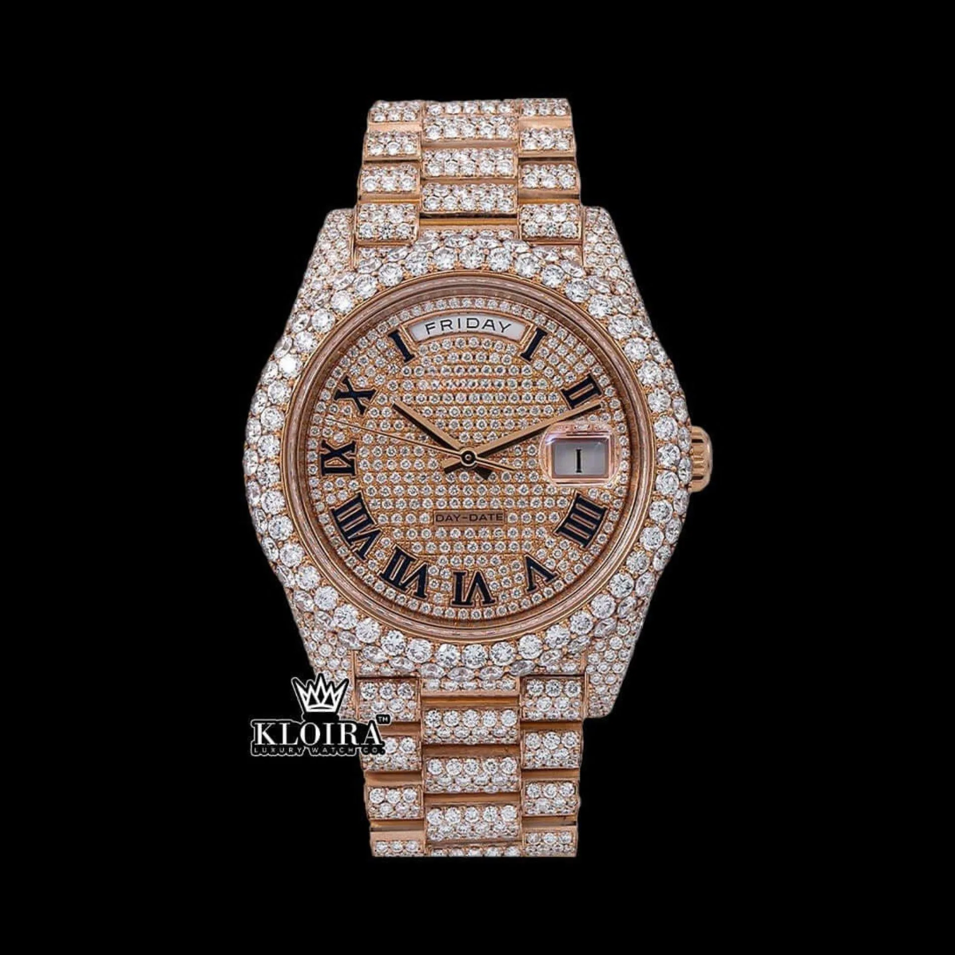 Roles Roman Numerals Dial Day Date Display Rose Gold Iced Out Moissanite Watch showcasing its elegant design and brilliance.