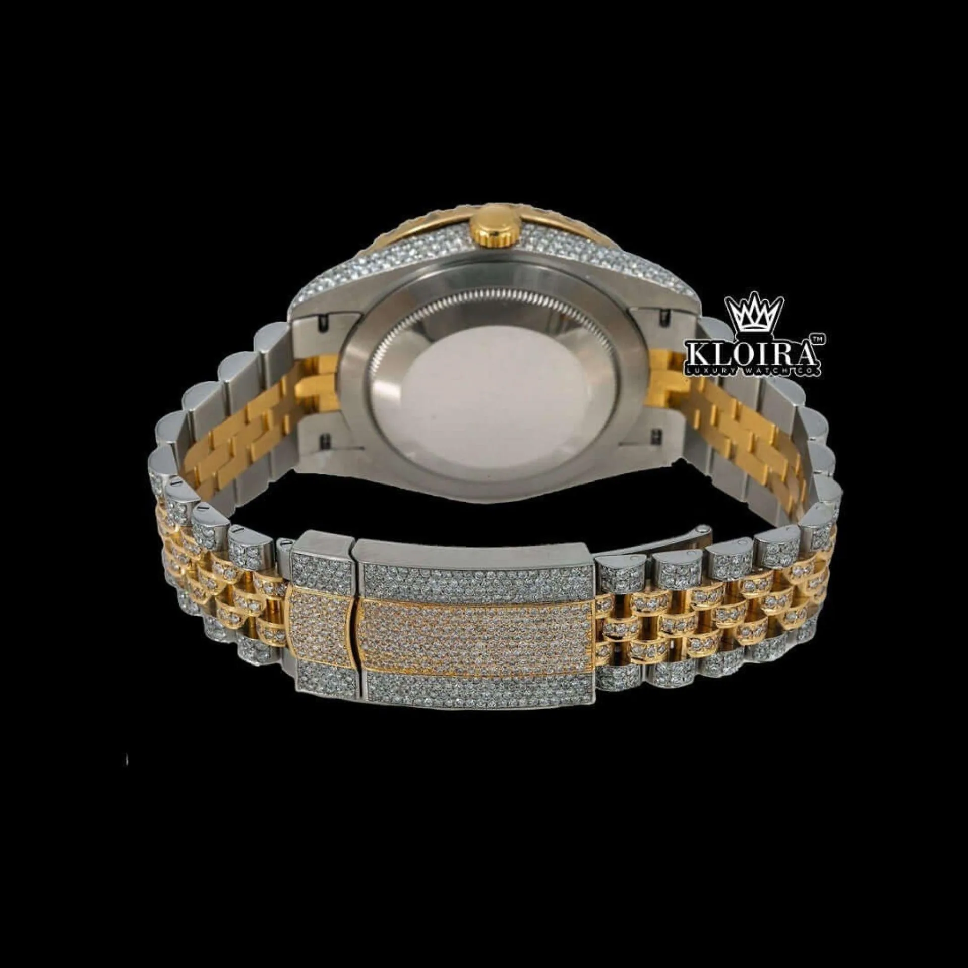 Roman Numerals Dial Diamond Bezel Two Tone Yellow Gold Moissanite Watch Caseback View
