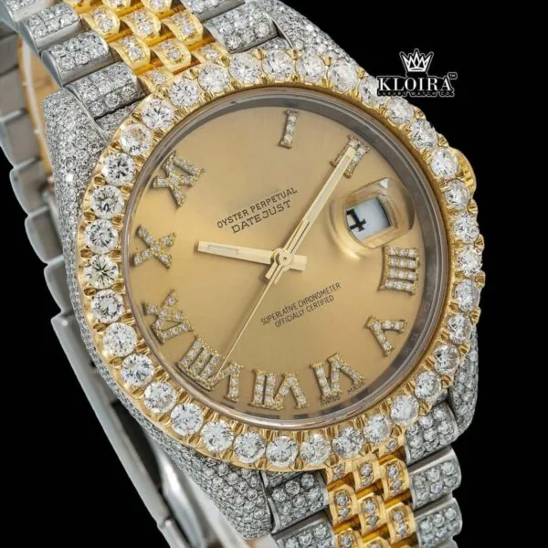 Roman Numerals Dial Diamond Bezel Two Tone Yellow Gold Moissanite Watch Close Up Dial View