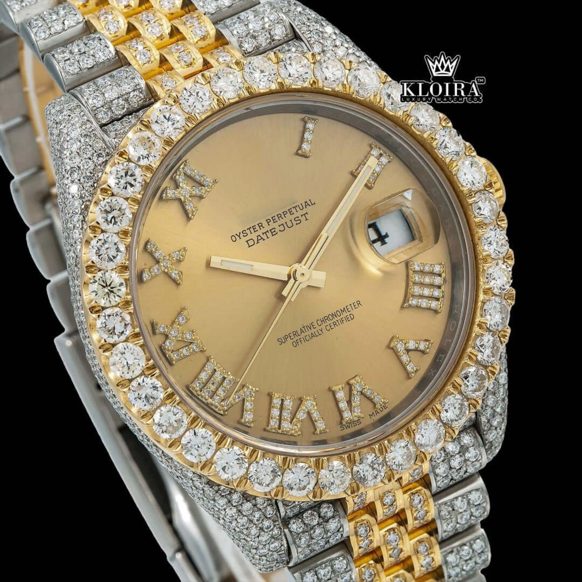 Roman Numerals Dial Diamond Bezel Two Tone Yellow Gold Moissanite Watch Close Up Dial View