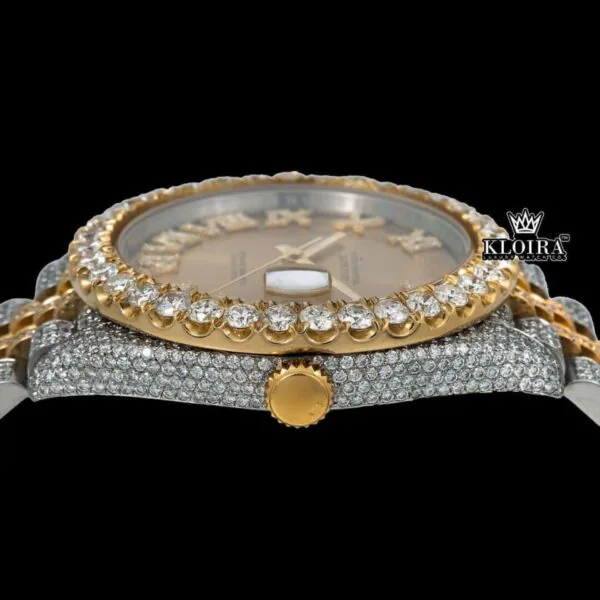 Roman Numerals Dial Diamond Bezel Two Tone Yellow Gold Moissanite Watch Crown View