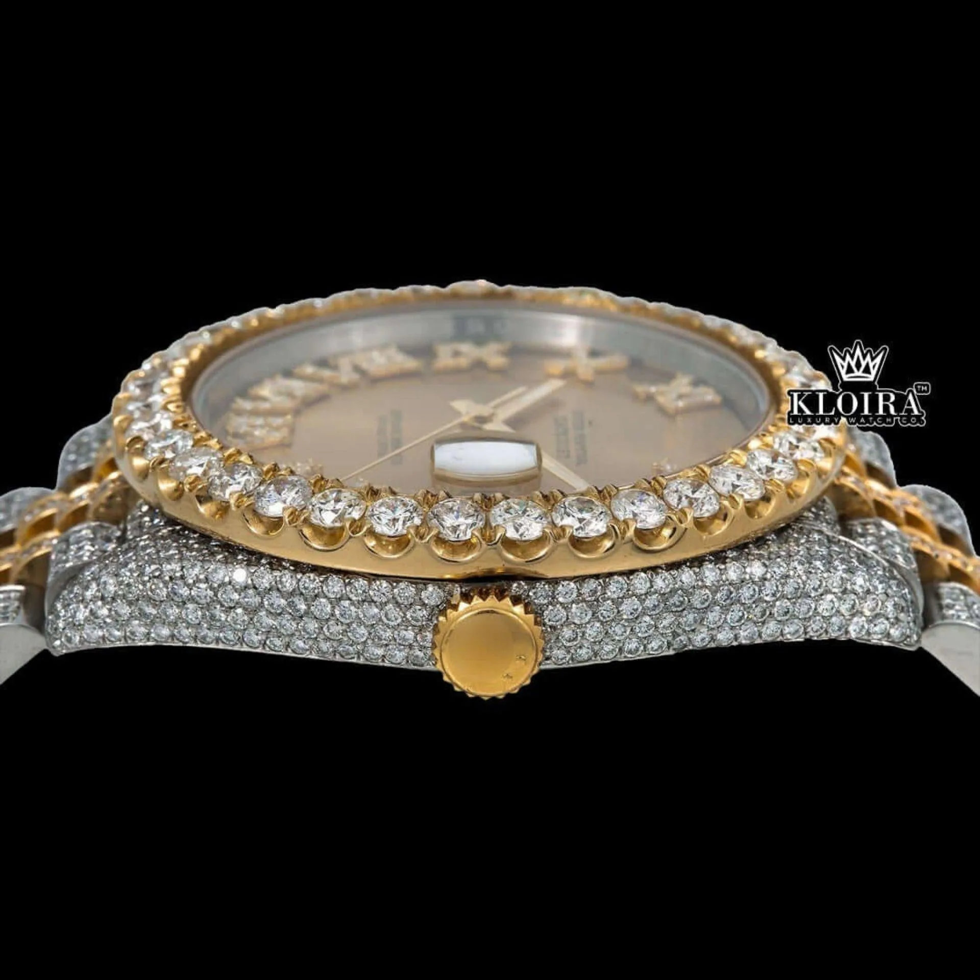 Roman Numerals Dial Diamond Bezel Two Tone Yellow Gold Moissanite Watch Crown View
