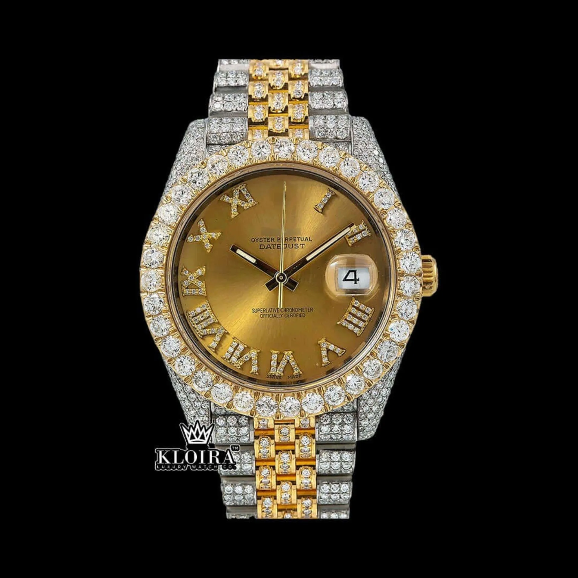 Roles Roman Numerals Dial Moissanite Watch in Two Tone Yellow Gold with Diamond Bezel