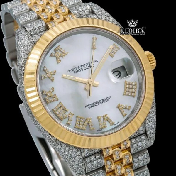 Roman Numerals Dial Two Tone Bust Down Moissanite Watch Close Up Dial View