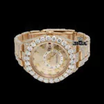 Roman Numerals Dual Time Dial Rose Gold Iced Out Moissanite Watch Close Up Dial View