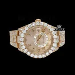 Roman Numerals Dual Time Dial Rose Gold Iced Out Moissanite Watch Close Up Front View