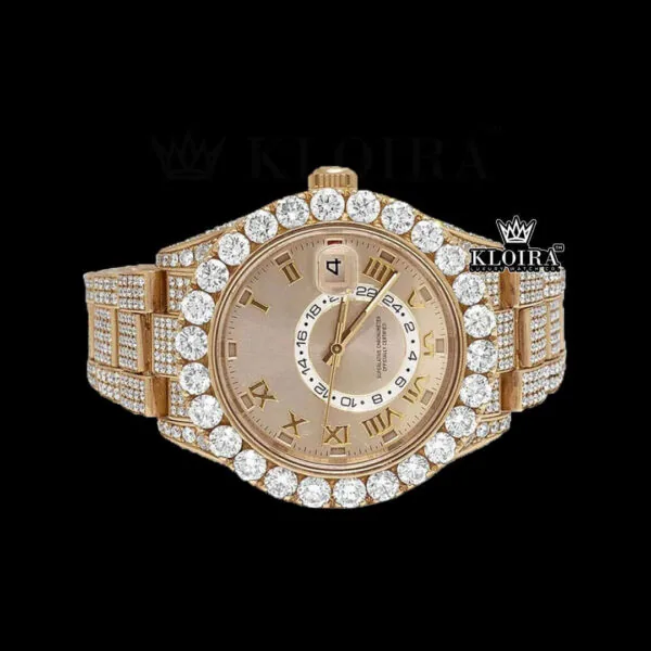 Roman Numerals Dual Time Dial Rose Gold Iced Out Moissanite Watch Close Up Front View