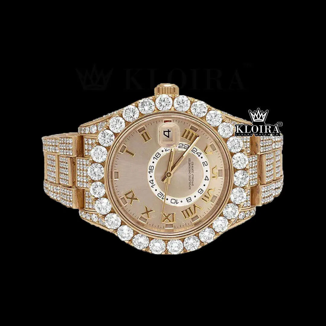 Roman Numerals Dual Time Dial Rose Gold Iced Out Moissanite Watch Close Up Front View