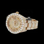 Roman Numerals Dual Time Dial Rose Gold Iced Out Moissanite Watch Left Profile View