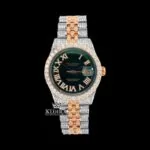 Roles Roman Numerals Green Dial Two Tone Iced Out Moissanite Watch with sparkling details