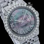 Roman Numerals Pearl Tone Dial Fully Iced Out Moissanite Watch Close Up Dial View