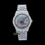 Roles Roman Numerals Pearl Tone Dial Fully Iced Out Moissanite Watch with 14K gold plating