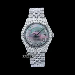 Roles Roman Numerals Pearl Tone Dial Fully Iced Out Moissanite Watch