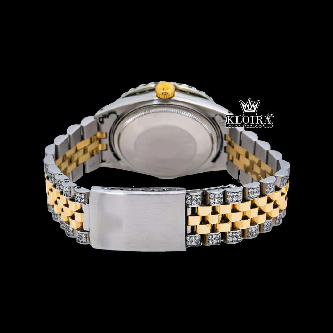 Roman Numerals Red Dial Diamond Bezel Two Tone Moissanite Watch Caseback View