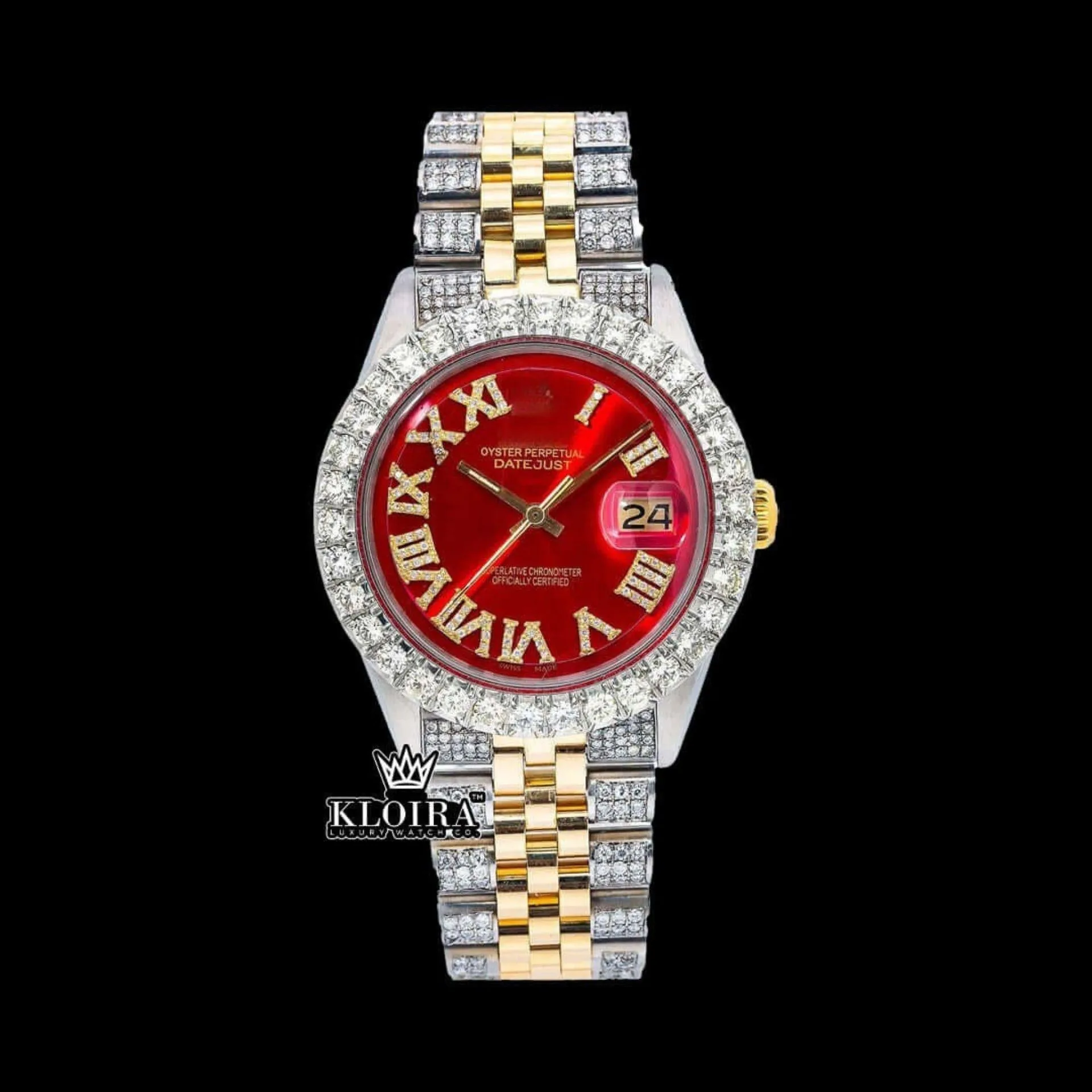 Roles Roman Numerals Red Dial Diamond Bezel Two Tone Moissanite Watch with a striking red dial and gold accents.