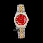 Roles Roman Numerals Red Dial Two Tone Moissanite Watch with diamond bezel and jubilee strap