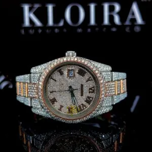 Roles Roman Numerals Rose Gold Dial Two Tone Iced Out Moissanite Watch
