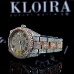 Roman Numerals Rose Gold Dial Two Tone Iced Out Moissanite Watch Left Profile View