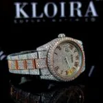 Roman Numerals Rose Gold Dial Two Tone Iced Out Moissanite Watch Right Profile View