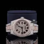 Roman Numerals Rose Gold Dial Two Tone Moissanite Watch Close Up Front View