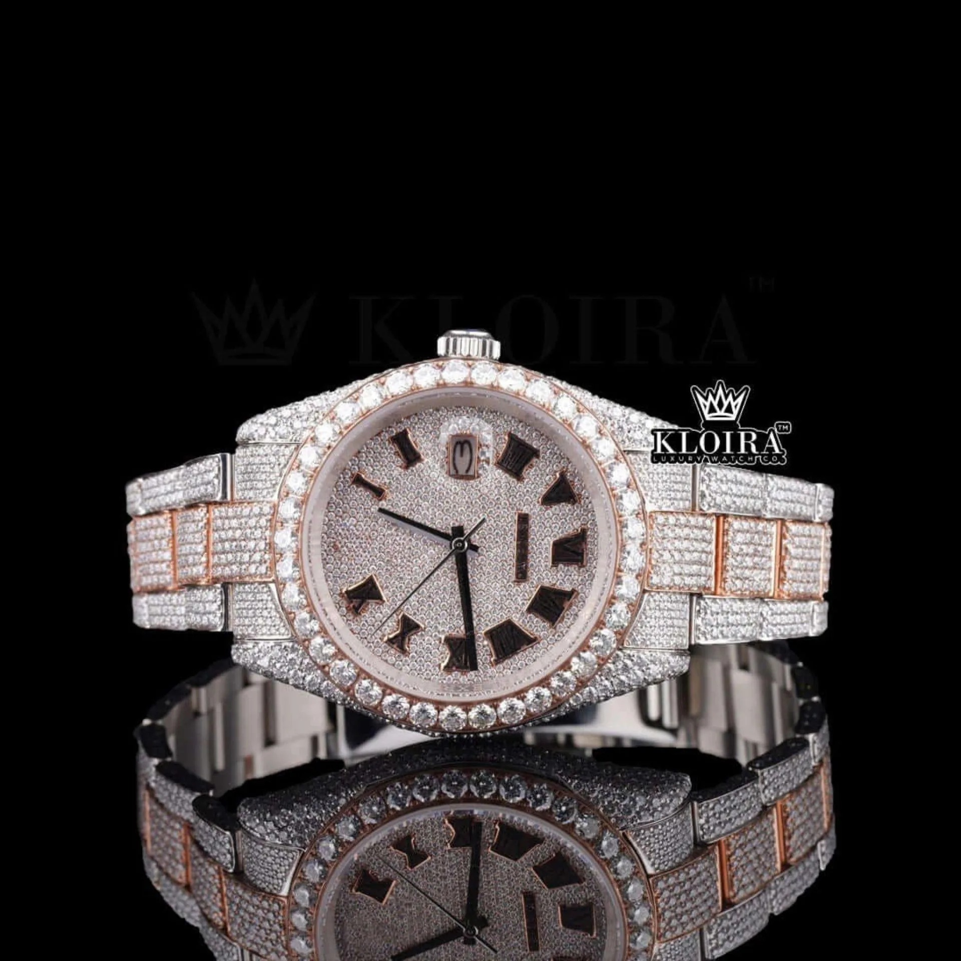 Roles Roman Numerals Rose Gold Dial Two Tone Moissanite Watch with Diamond Bezel