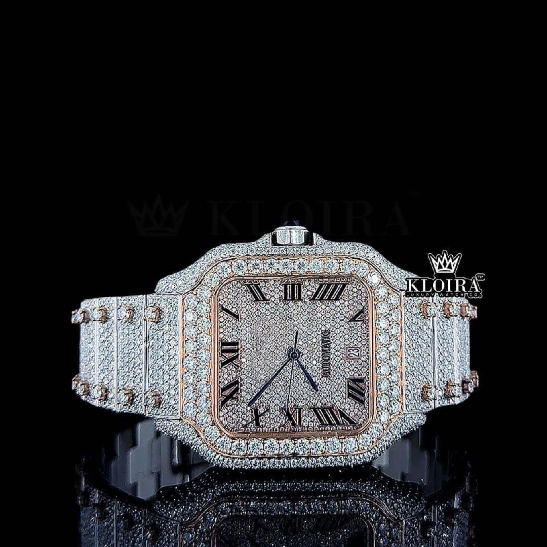 Cartior Roman Numerals Rose Gold Moissanite Watch with diamond bezel and rose dial