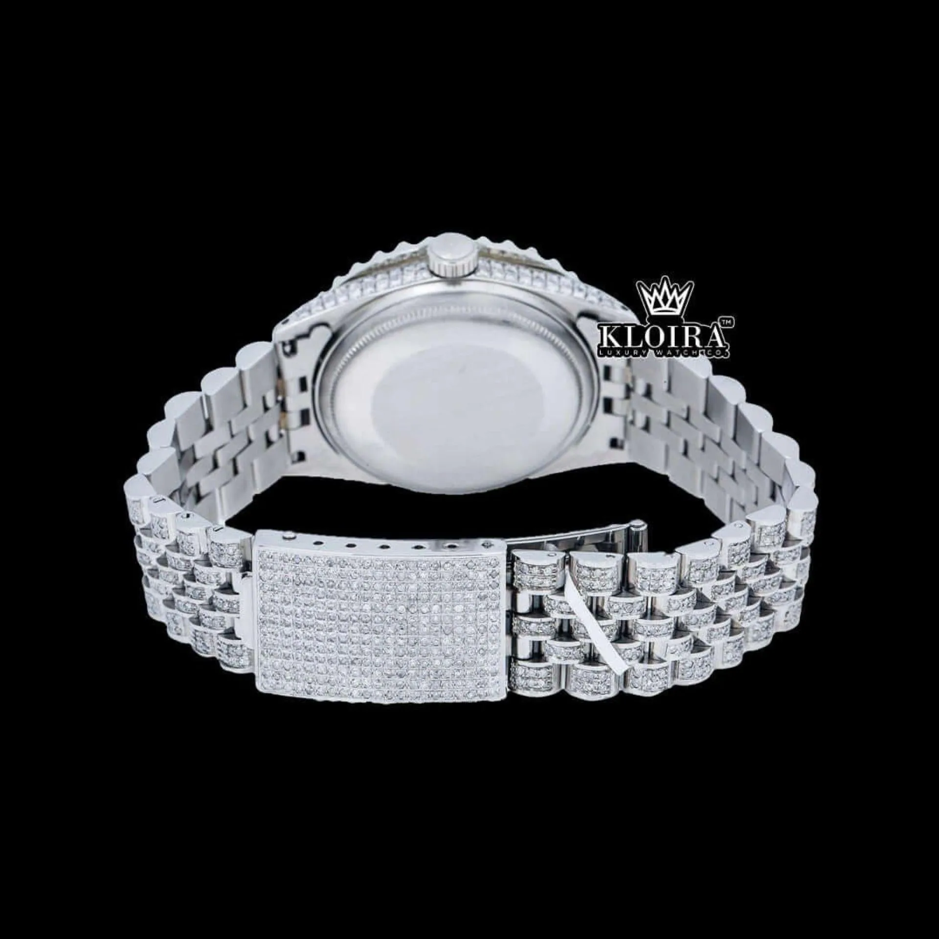 Roman Numerals Tiffany Blue Dial Diamond Link Strap Moissanite Watch Caseback View