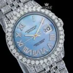 Roman Numerals Tiffany Blue Dial Diamond Link Strap Moissanite Watch Close Up Dial View
