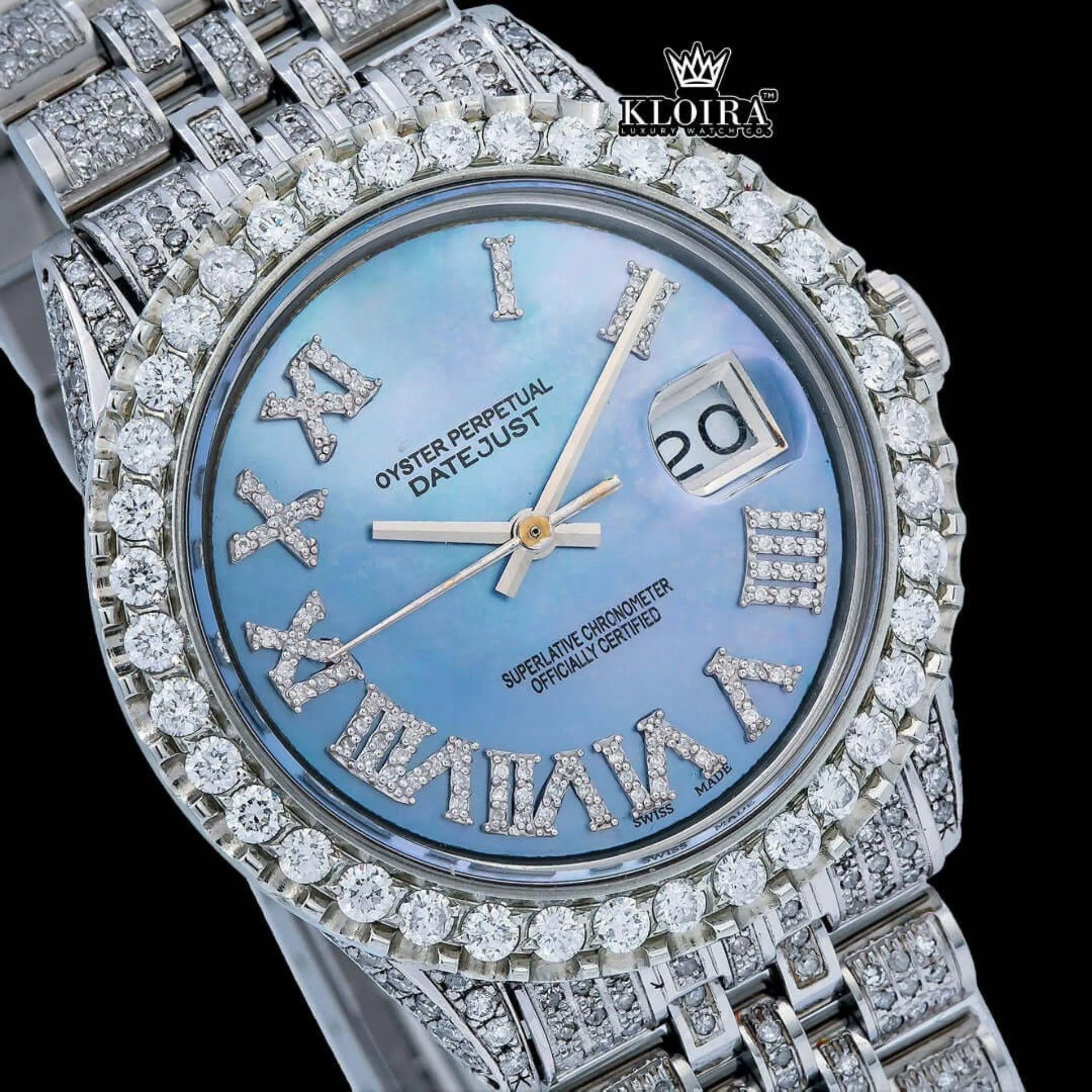 Roman Numerals Tiffany Blue Dial Diamond Link Strap Moissanite Watch Close Up Dial View