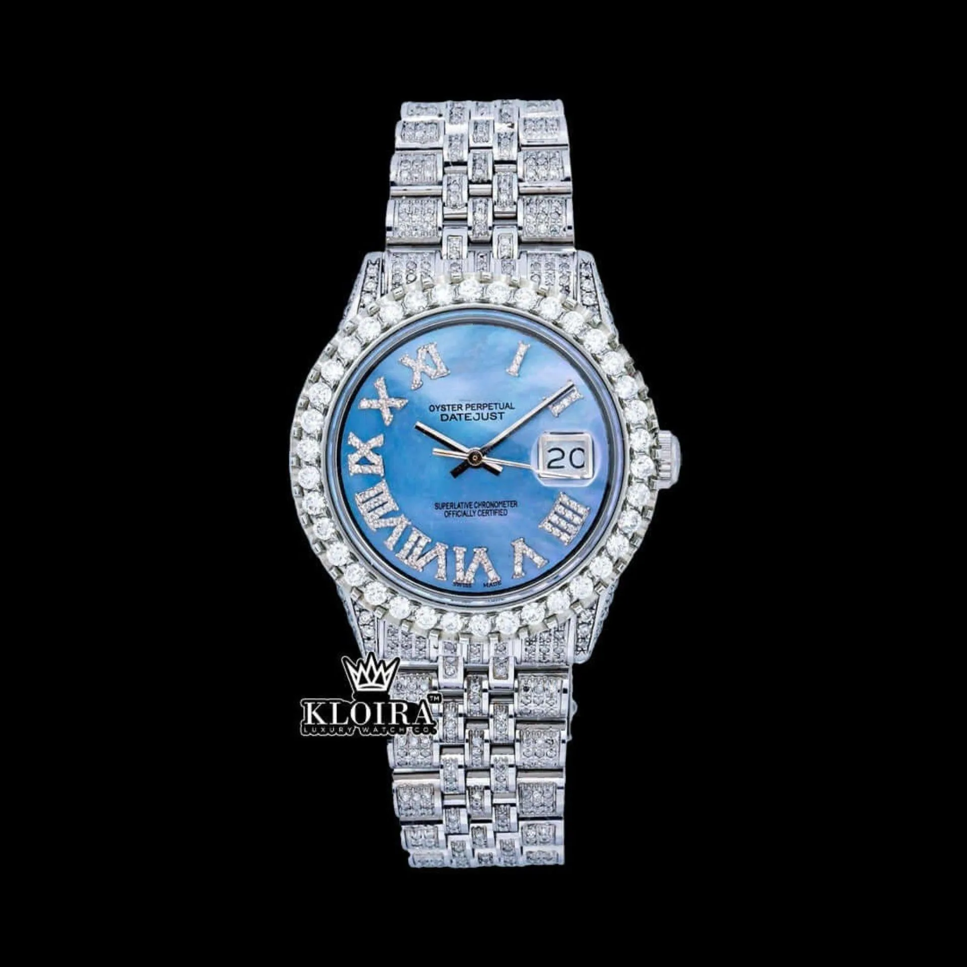 Roles Roman Numerals Tiffany Blue Dial Moissanite Watch with diamond accents and gold plating