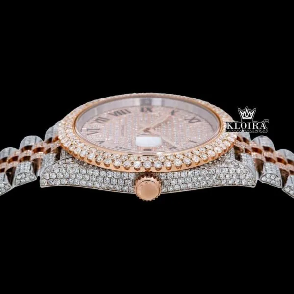 Roman Numerals Two Tone Rose Gold Dial Moissanite Diamond Watch Crown View