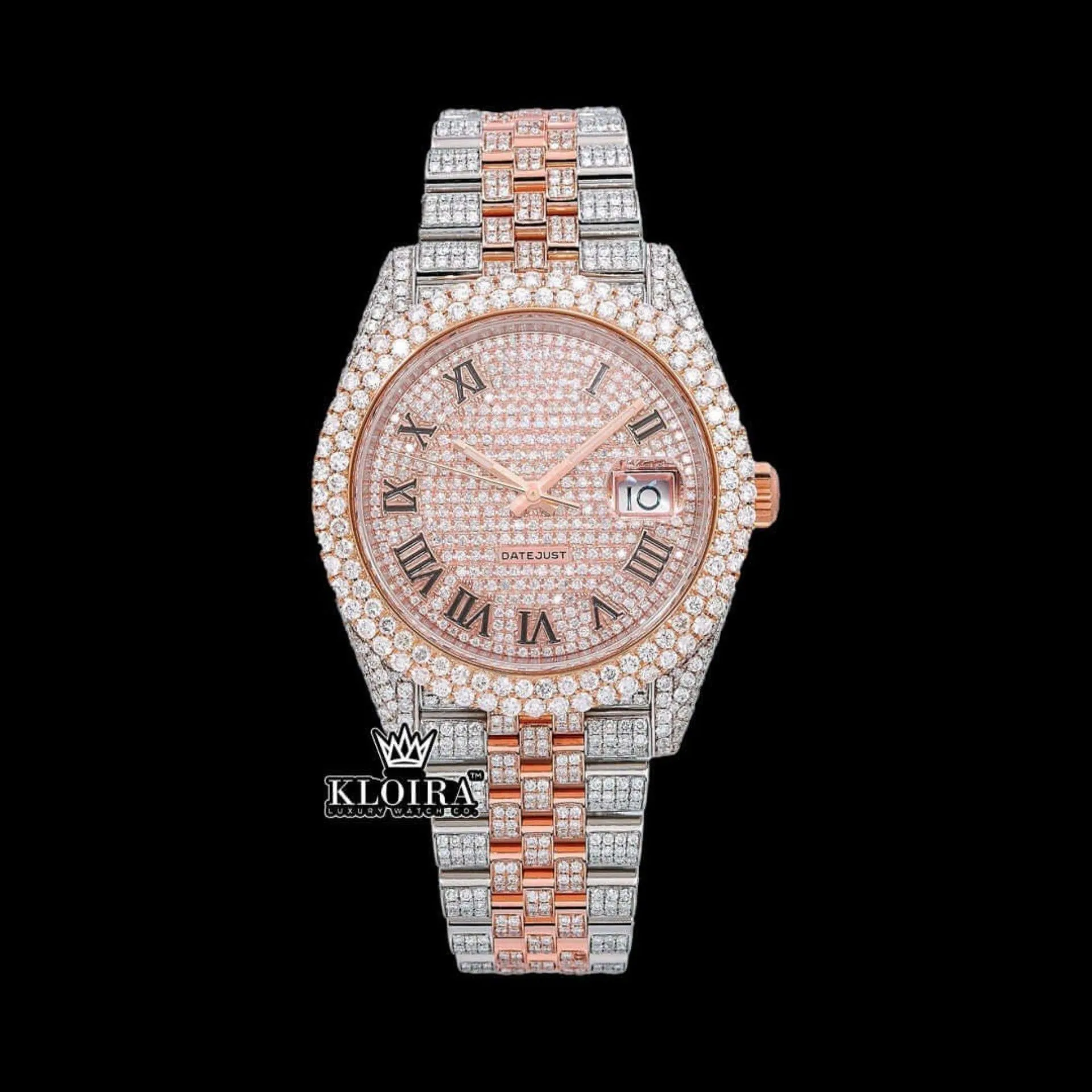 Roles Roman Numerals Two Tone Rose Gold Dial Moissanite Watch with elegant design and VVS clarity stones