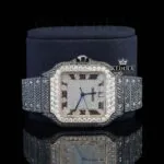 Roman Numerals White Dial Black Iced Out Moissanite Diamond Watch Close Up Front View