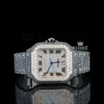 Cartior Roman Numerals White Dial Black Iced Out Moissanite Watch with Iced-Out Bracelet and Rose Silver Case